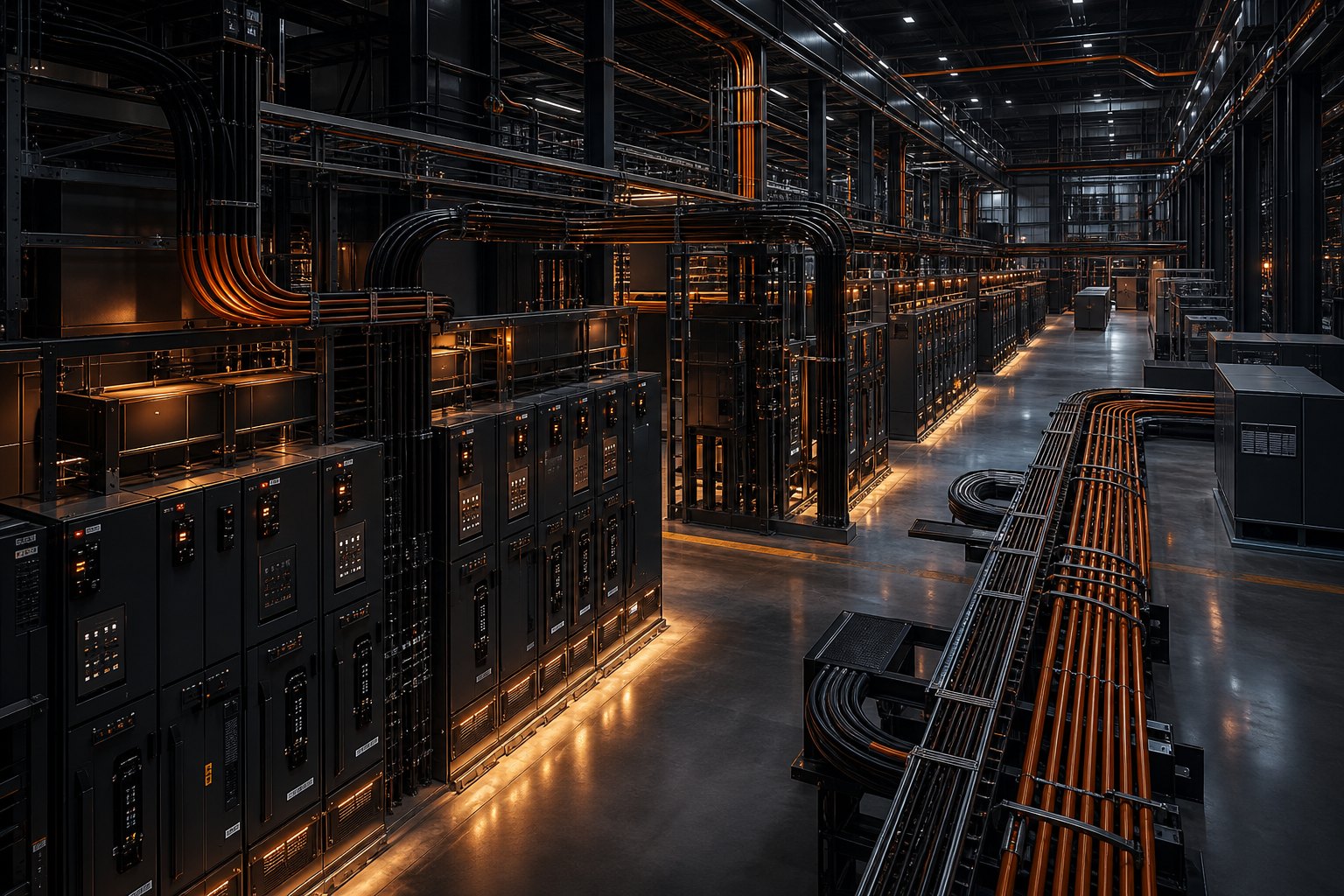 Factory-scale industrial electrical switchgear and cable tray systems